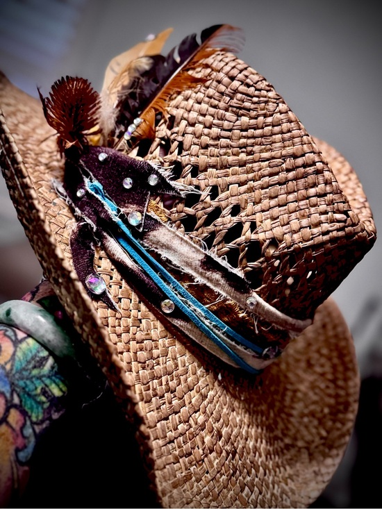 Accessories - Embellished Straw Cowboy Hat with Feather Accents